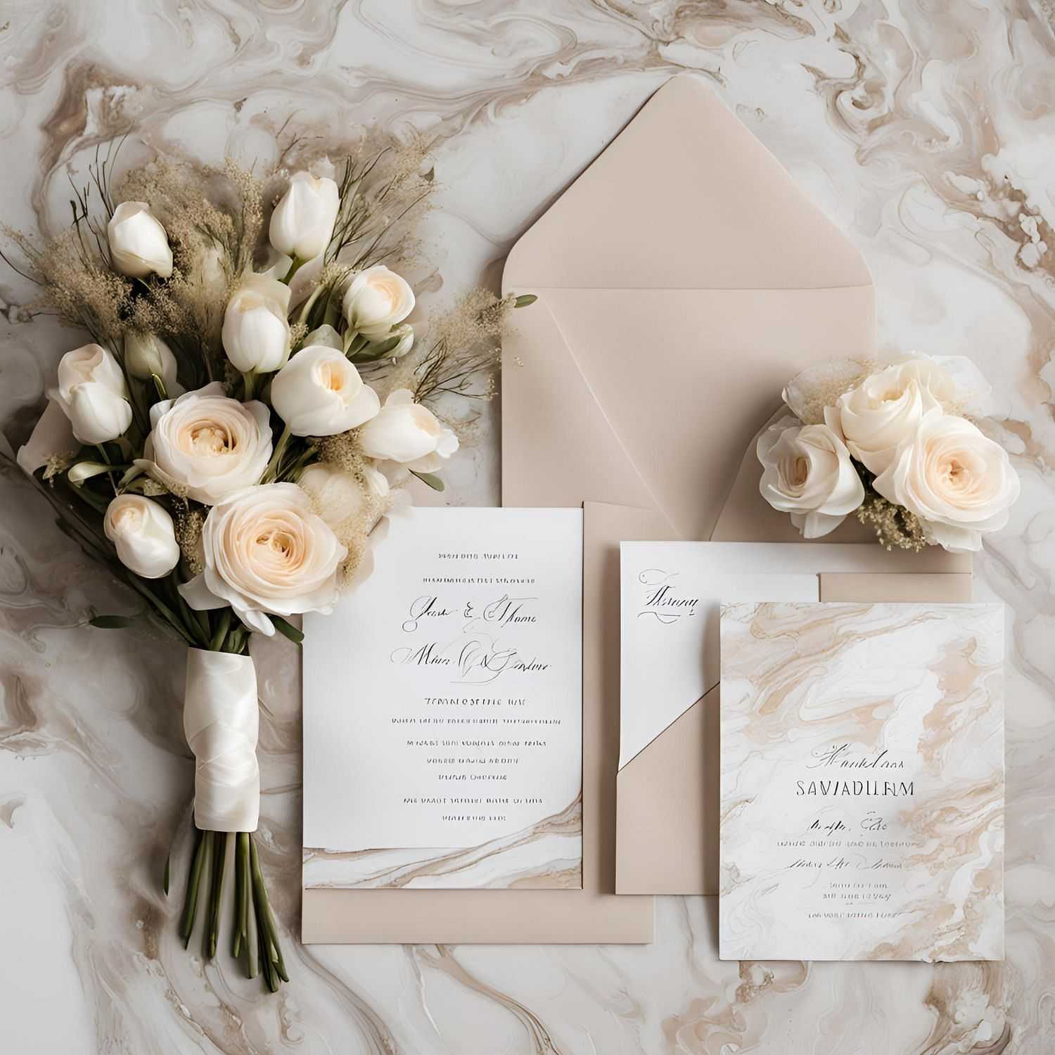 Elegant wedding invitation suite with white roses on marble background.