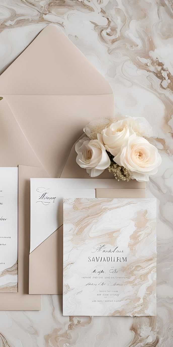 Elegant marble-themed wedding invitation suite with white roses and beige envelopes.