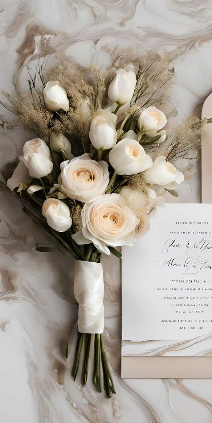 Elegant bouquet of white roses and invitation on marble surface.