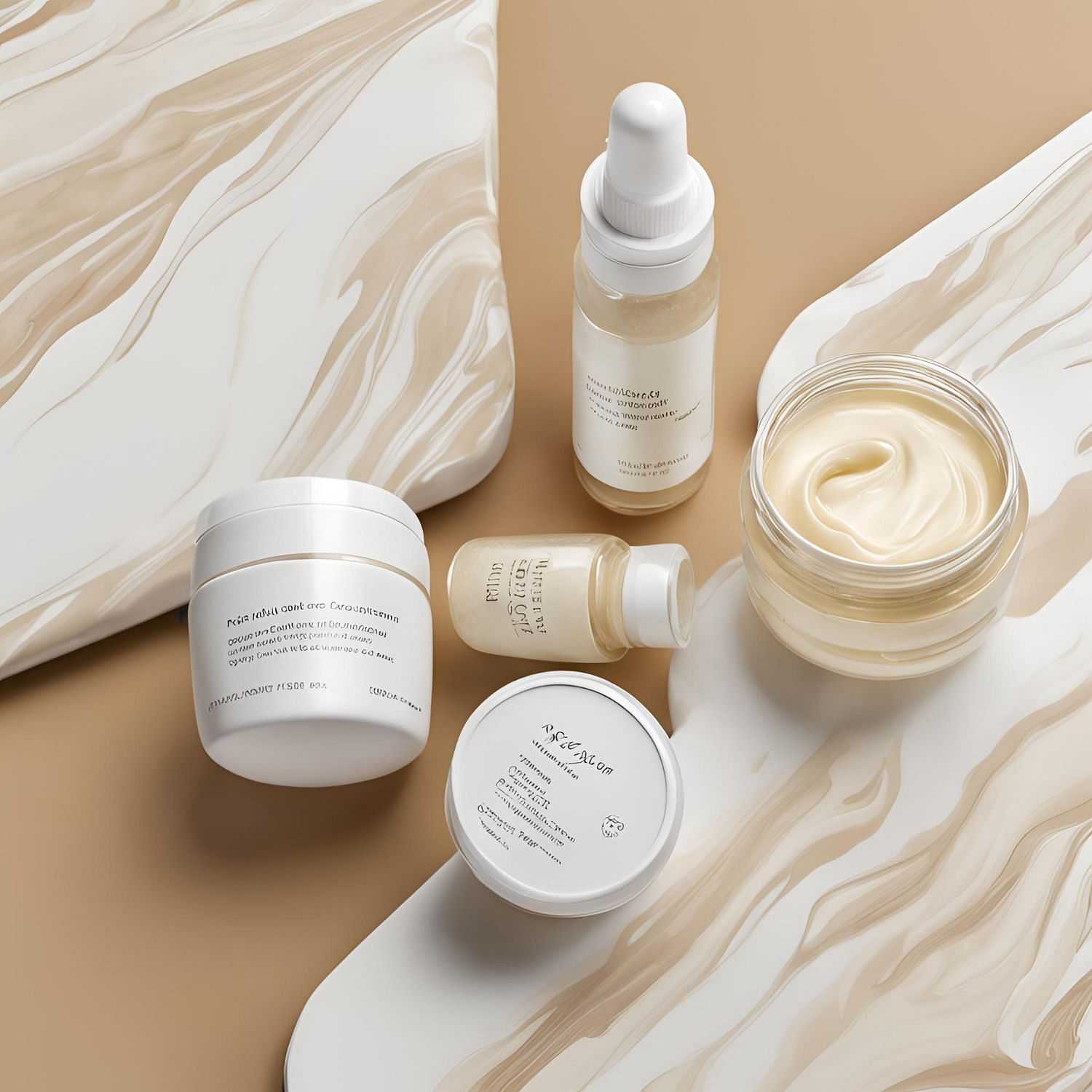 A collection of skincare products on a marbled surface.